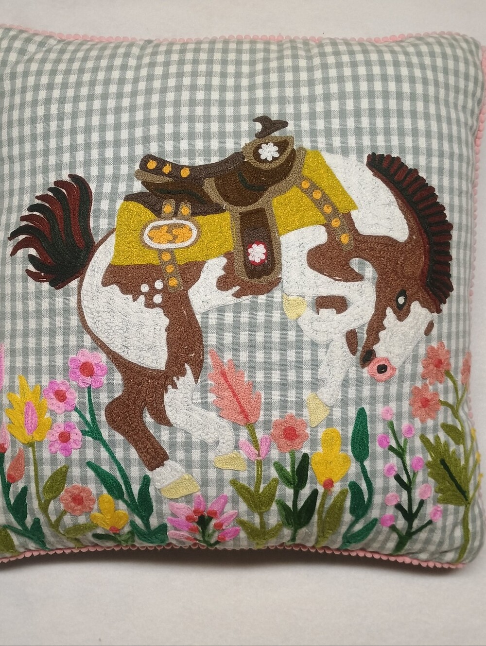 Karma Living Embroidered Bucking Horse Throw Pillow Western Floral Gingham